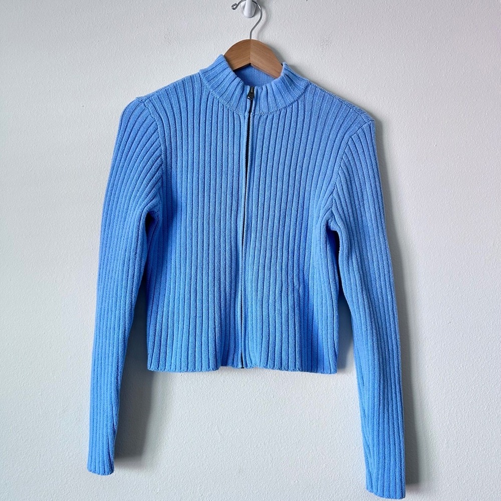 Hollister Ribbed Y2K SZ XL Zip Upโ Mock Neck Sweater Blue Cropped